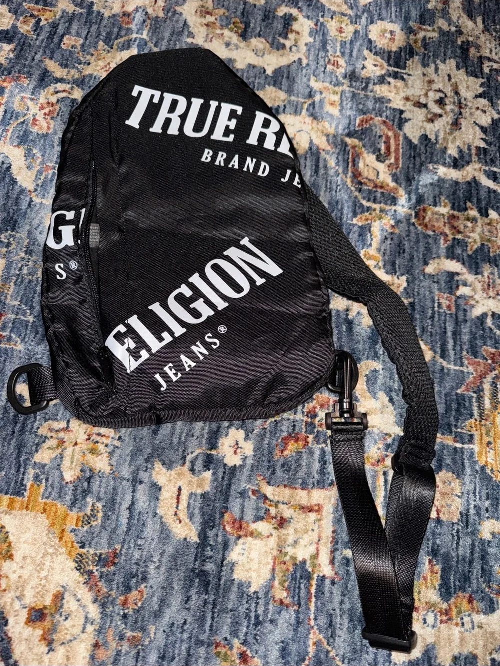 True Religion Black and White Logo Sling Crossbody Zippered Bag